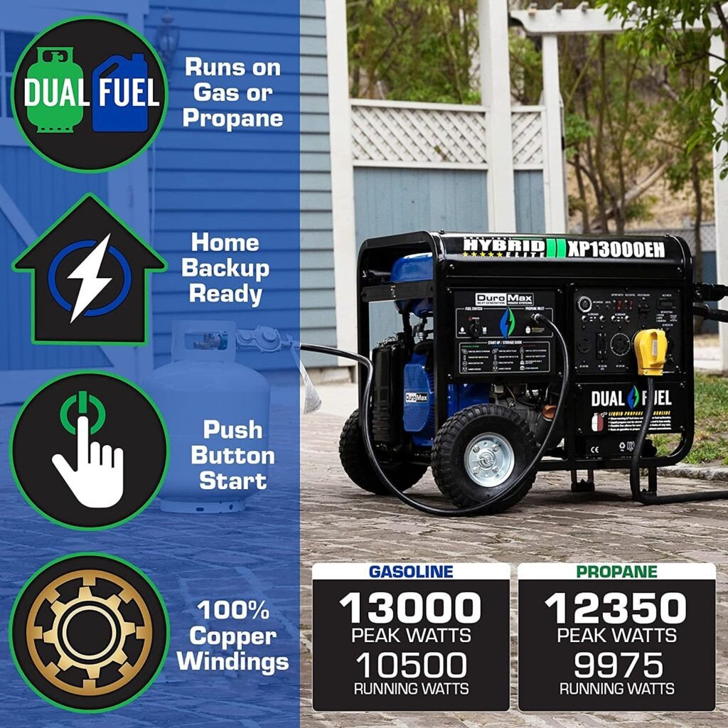 DuroMax XP13000EH Dual Fuel Portable Generator 13000 Watt Gas or Propane Powered Electric Start-Home Back Up, Blue/Gray