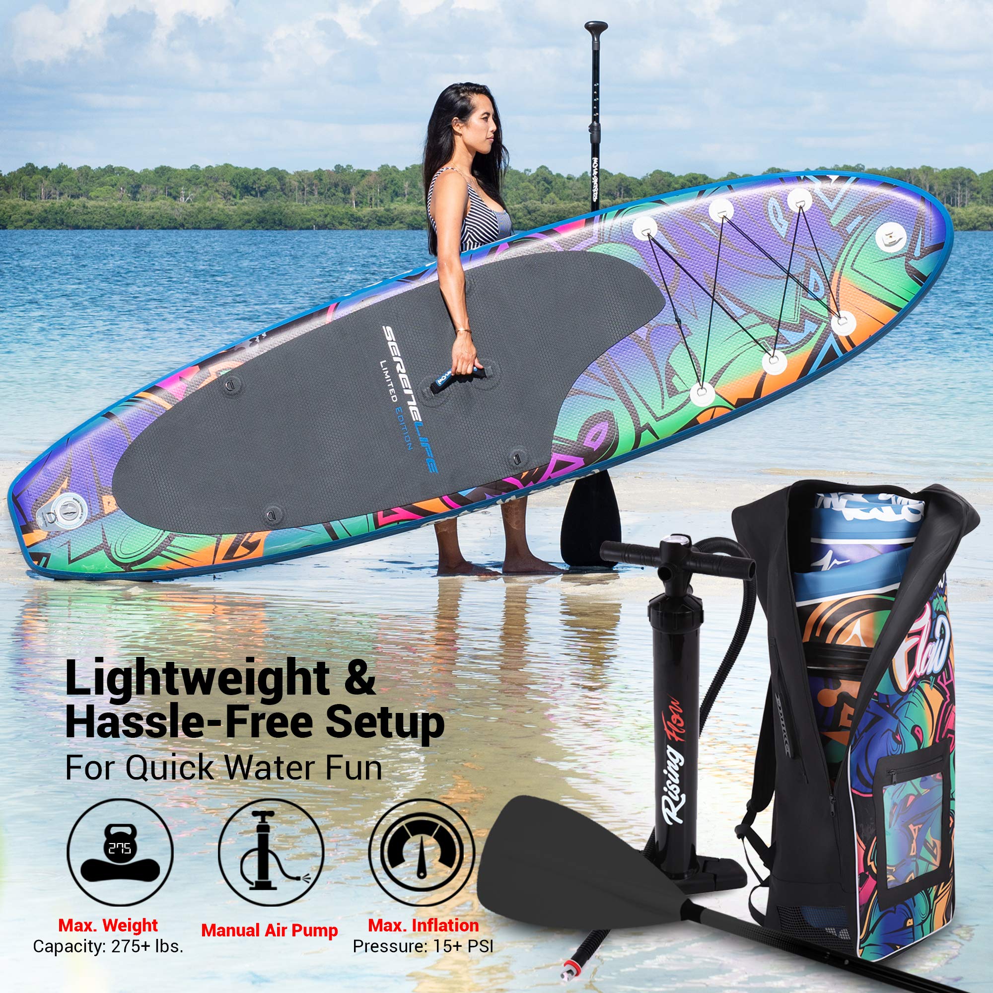 SereneLife Inflatable Stand Up Paddle Board (6 Inches Thick) Universal SUP Wide Stance w/Bottom Fin for Paddling and Surf Control | Non-Slip Deck | Youth and Adult