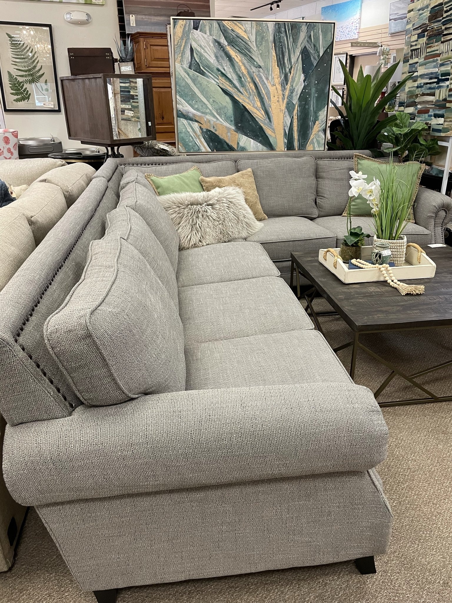 2PC Grey Sectional w/ Nailheads