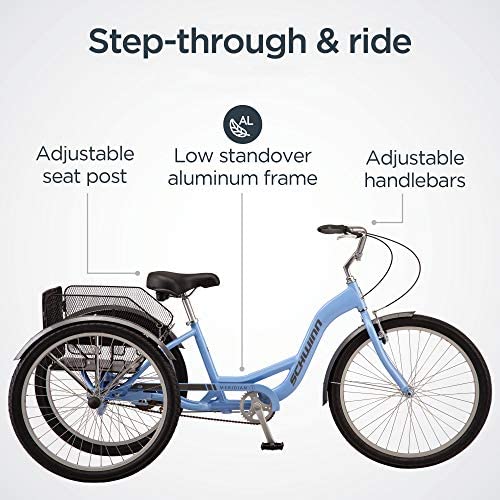 Schwinn Meridian Adult Tricycle, 24 or 26-Inch Wheel Options, Low Step-Through Aluminum Frame, Cargo Basket, Multiple Colors