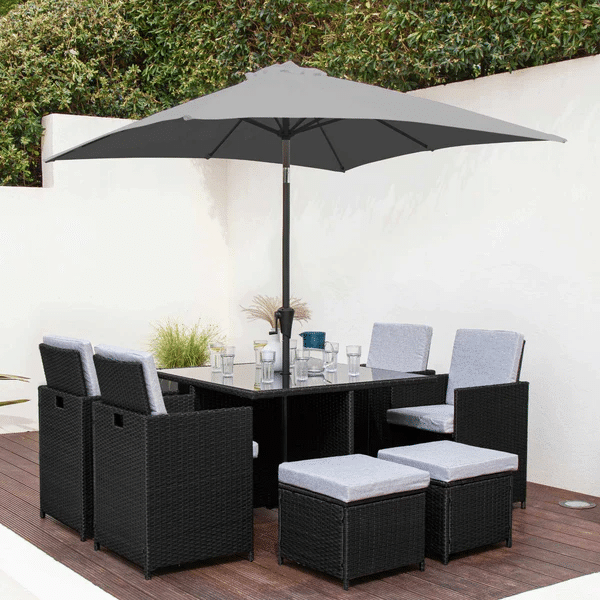 8 Seater Rattan Cube Outdoor Dining Set With Parasol - Grey Weave