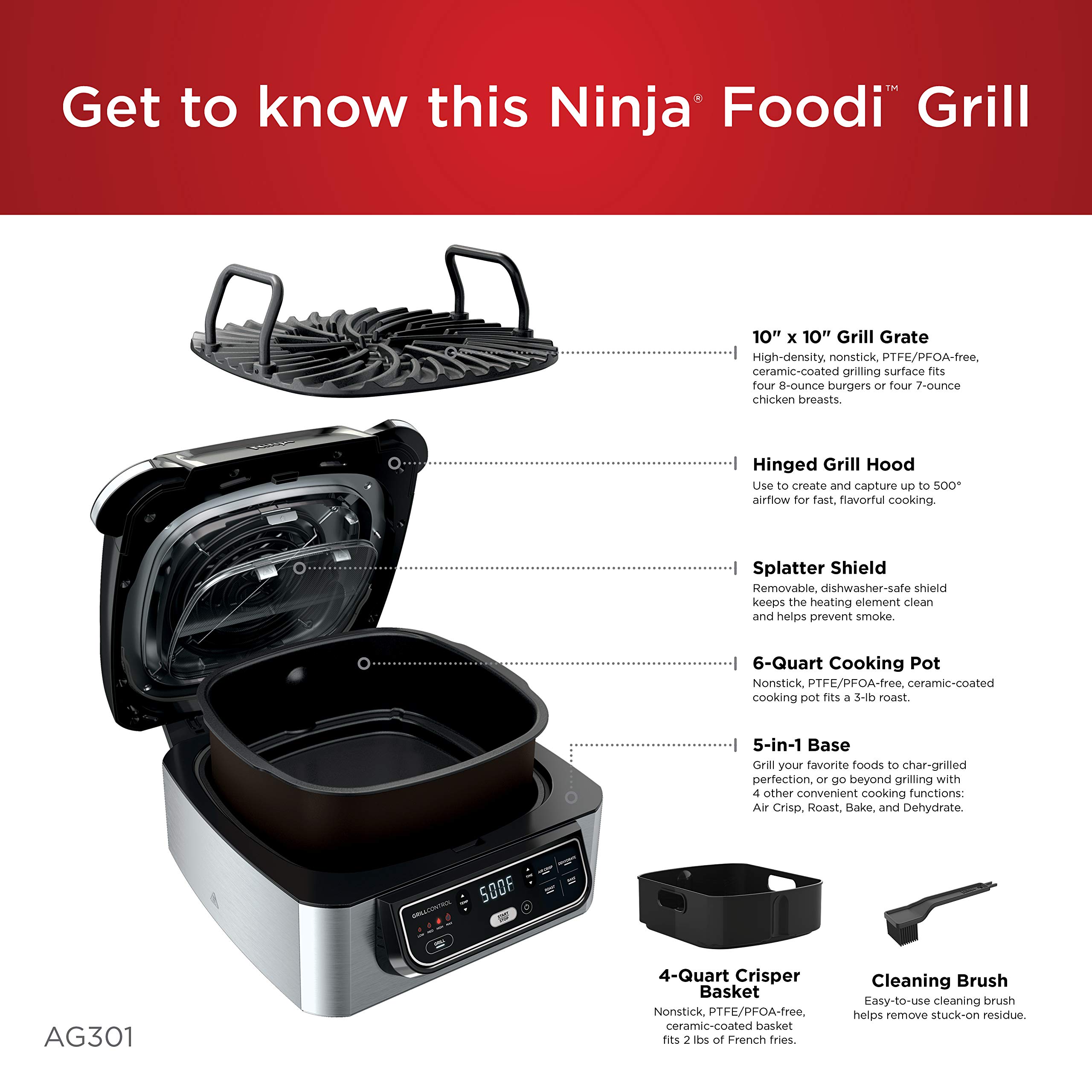 Ninja Foodi 5-in-1 Indoor Grill with Air Fry, Roast, Bake & Dehydrate (AG302), Black and Silver