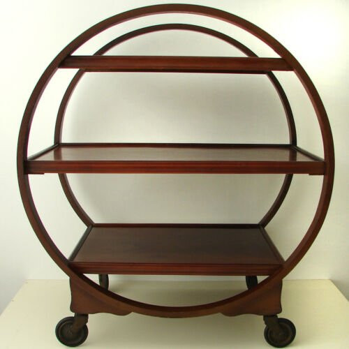 Vintage Art Deco round wooden mahogany tea drinks serving trolley 1930s 1940s