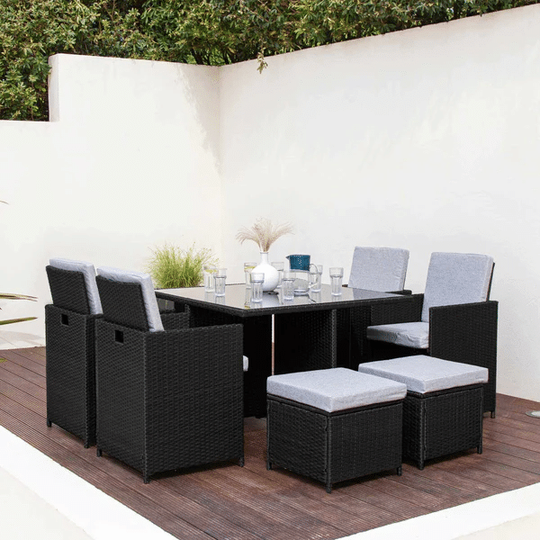 8 Seater Rattan Cube Outdoor Dining Set With Parasol - Grey Weave