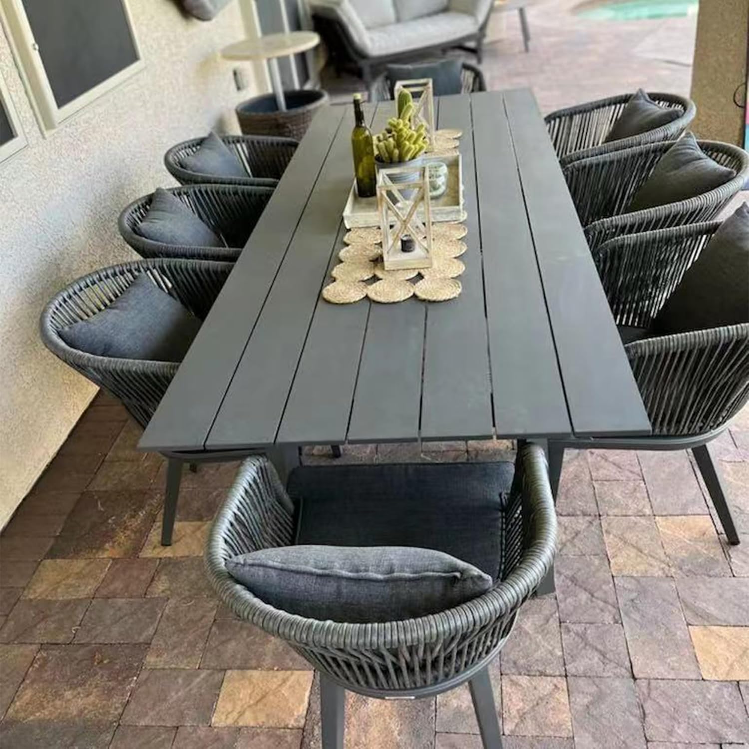 PURPLE LEAF 8 Person Outdoor Aluminum Garden Lounge Set, 9 Piece Garden Furniture Set, Modern Style in Grey, Rectangular Table with Rattan Chairs, Cushions and Pillows for Balcony