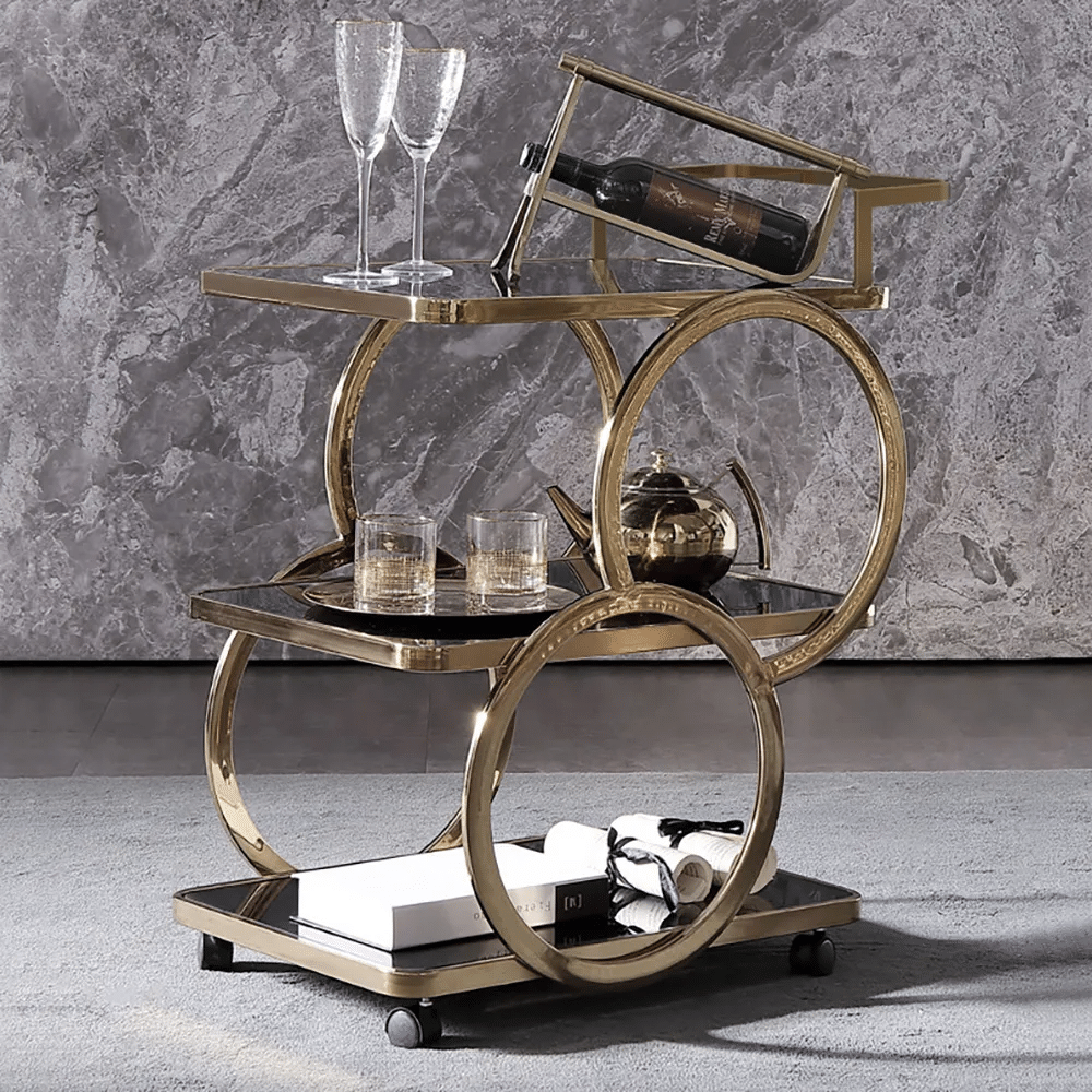 Modern Rolling 3-Tier Bar Cart on Wheel with Handle in Black & Brushed Gold Style A
