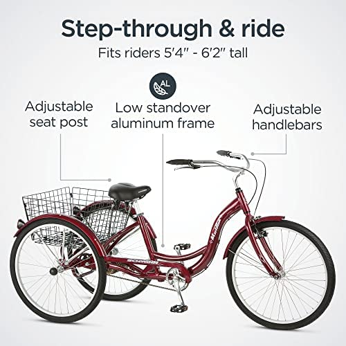 Schwinn Meridian Adult Tricycle, 24 or 26-Inch Wheel Options, Low Step-Through Aluminum Frame, Cargo Basket, Multiple Colors