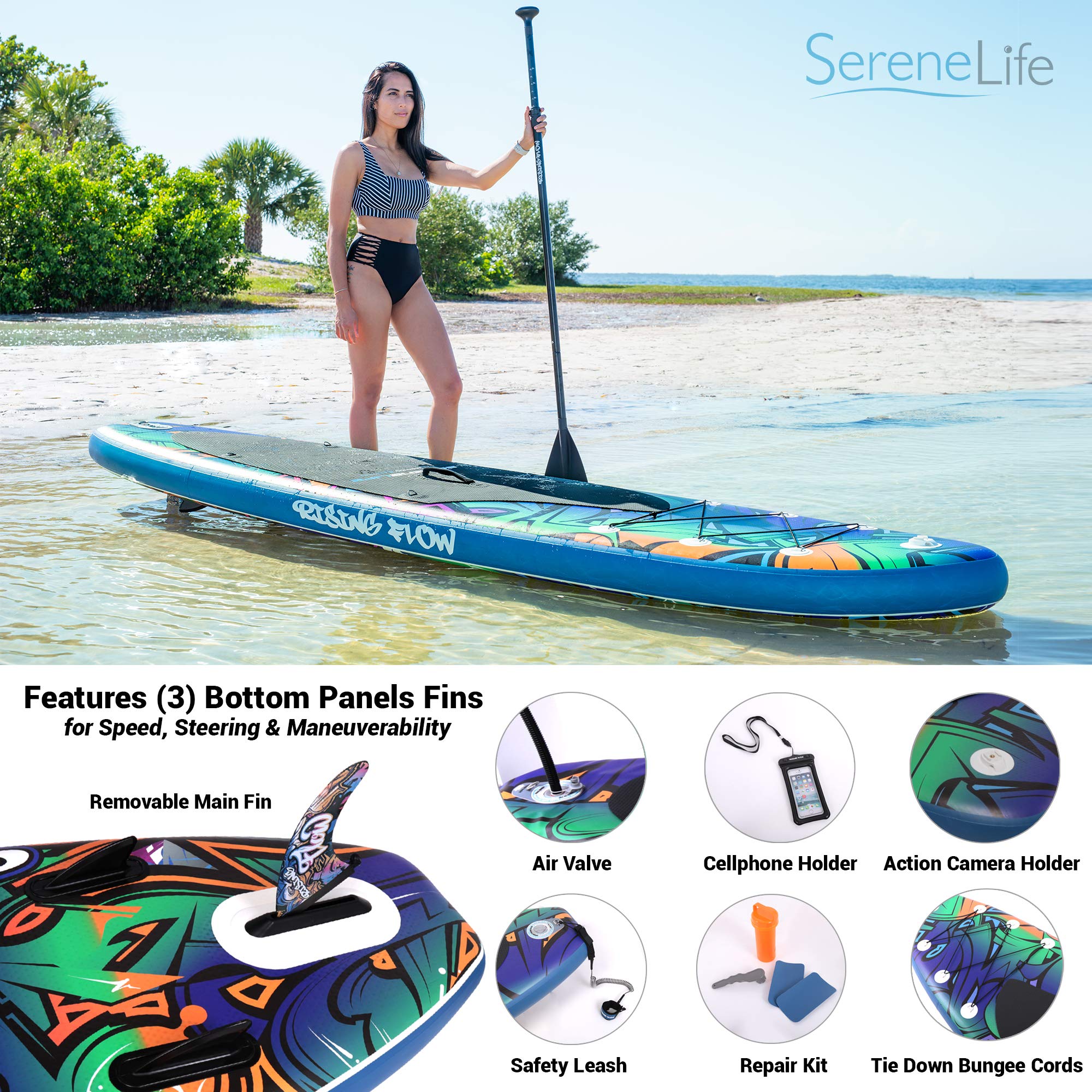 SereneLife Inflatable Stand Up Paddle Board (6 Inches Thick) Universal SUP Wide Stance w/Bottom Fin for Paddling and Surf Control | Non-Slip Deck | Youth and Adult