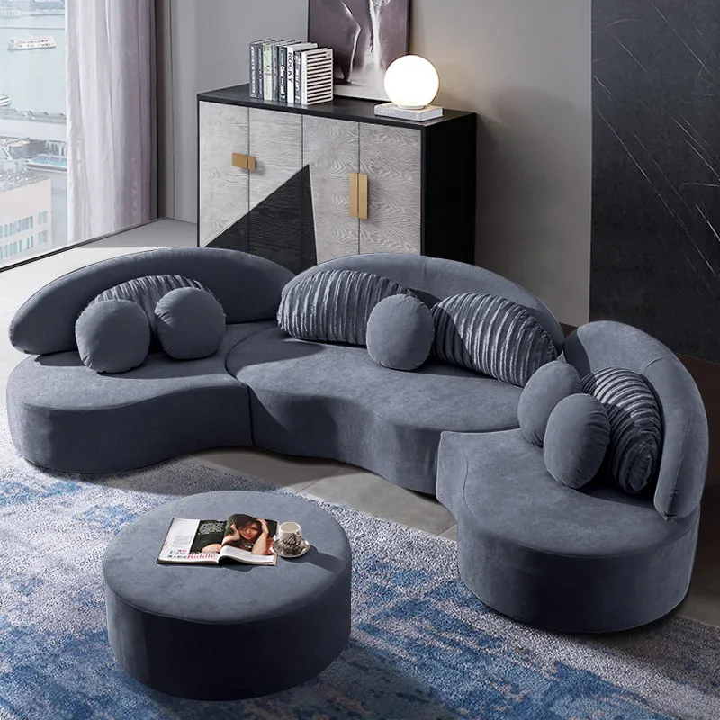 Curved Sectional Sofa Light Gray Velvet Upholstered 7 Seater Floor Sofa with Ottoman