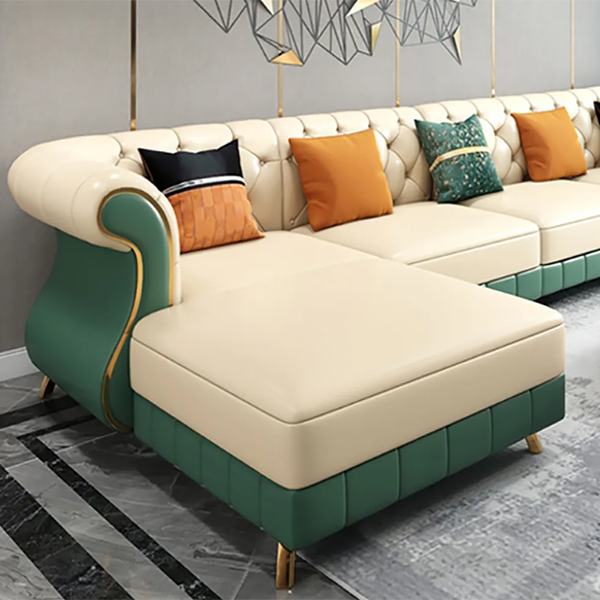 126′′ Beige & Green Faux Leather Sectional Sofa with Left Chaise