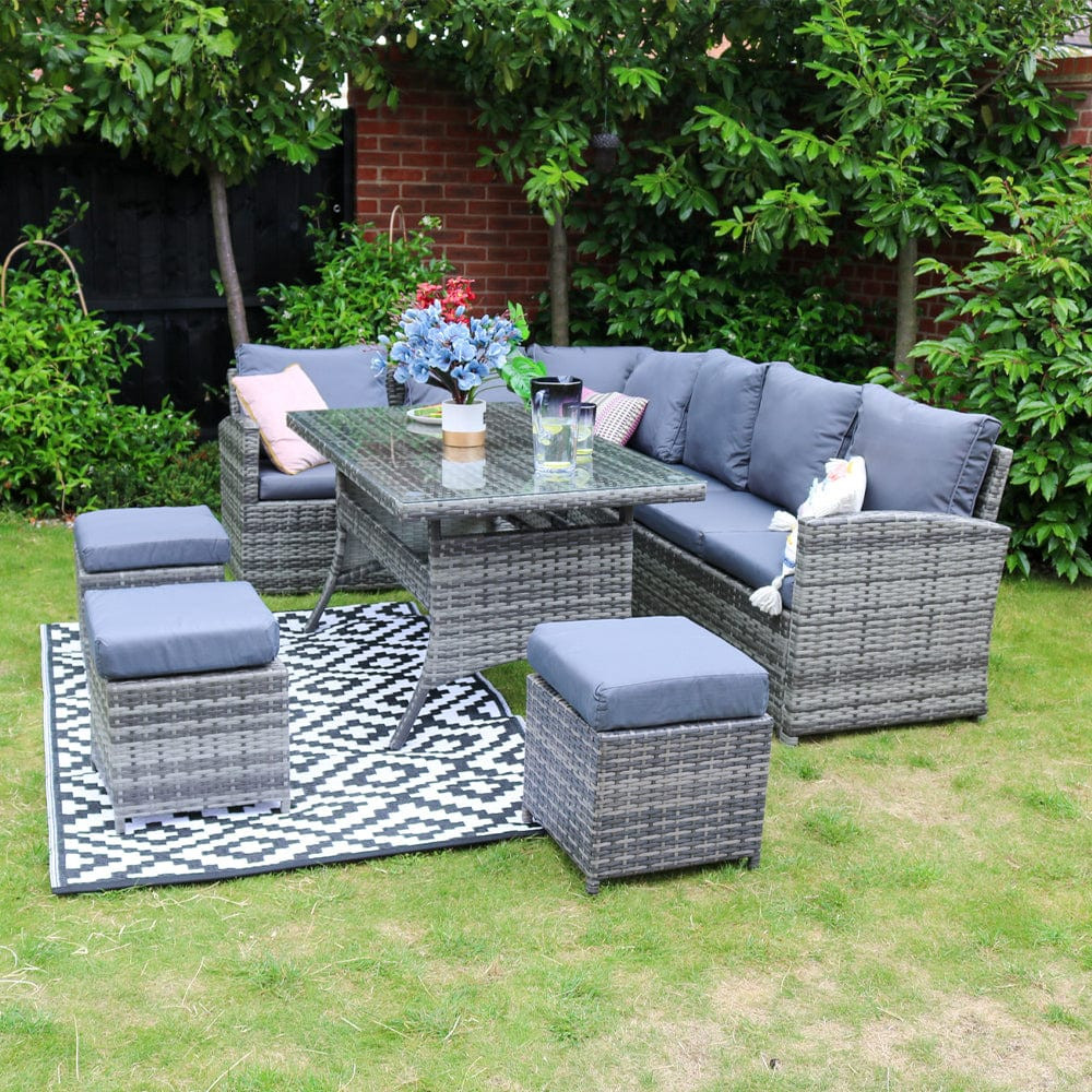 ROSEN 9 Seat Rattan Outdoor Dining Table with Cushions - Grey