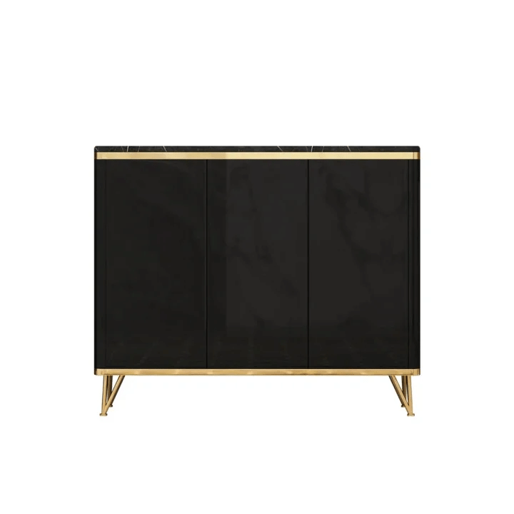 Modern Black 3 Doors Shoes Storage Cabinet with 8 Shelves 20 Pairs in Gold