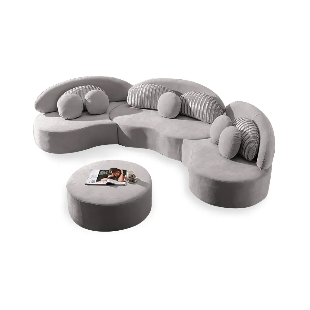 Curved Sectional Sofa Light Gray Velvet Upholstered 7 Seater Floor Sofa with Ottoman