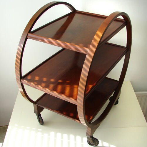 Vintage Art Deco round wooden mahogany tea drinks serving trolley 1930s 1940s