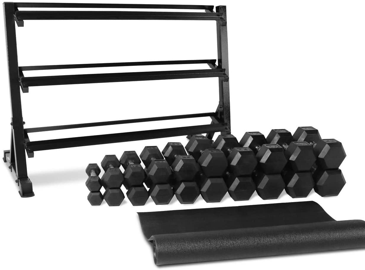 WF Athletic Supply Rubber Coated Hex Dumbbell Set with Dumbbell Rack