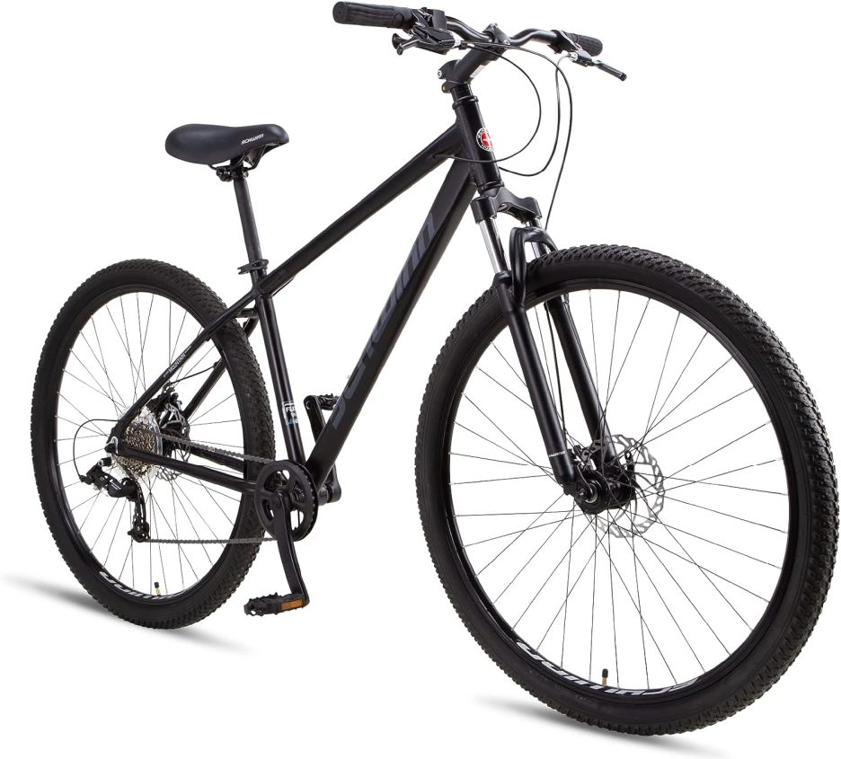 Schwinn Fleet Adult Mountain Bike, 29-Inch Tyres, 17-Inch Lightweight Alloy Frame, Front Suspension, 9 Speed, Disc Brakes, Matte Black