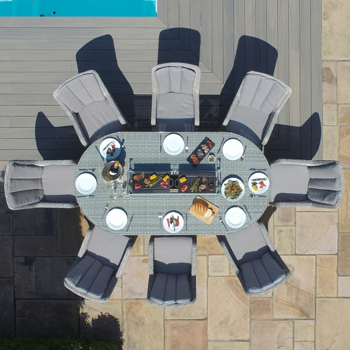 Labyrinth Rattan Oxford 8 Seat Oval Fire Pit Dining Set with Venetian Chairs