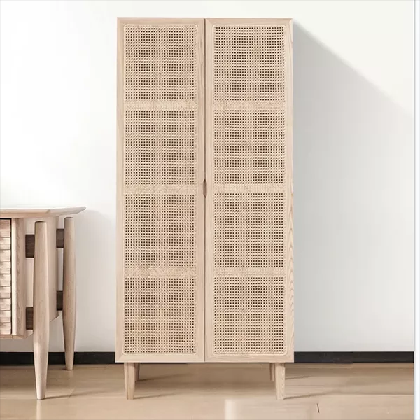 2 Door Rattan Wardrobe with Hidden Drawers Natural Woven Ash Wood Wardrobe
