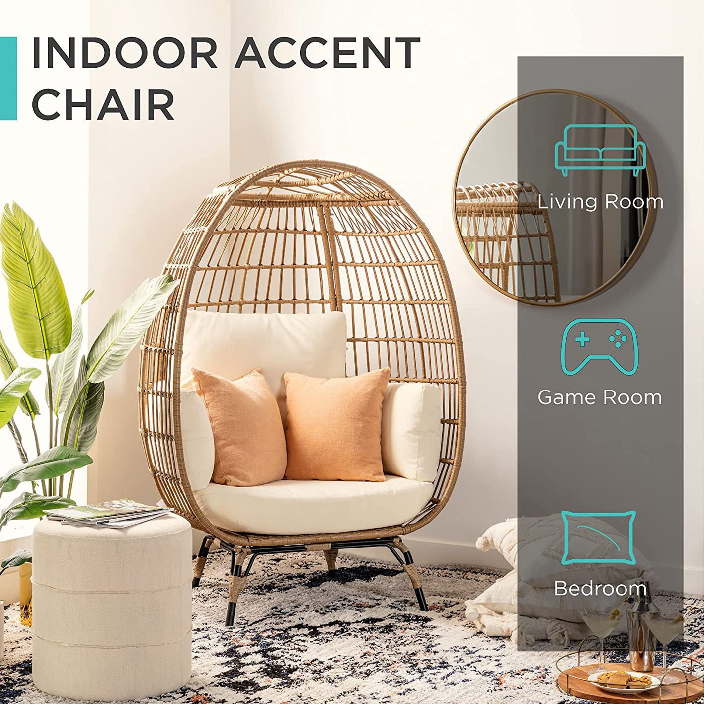 Best Choice Products Wicker Egg Chair, Oversized Indoor Outdoor Lounger for Patio, Backyard, Living Room w/ 4 Cushions, Steel Frame, 440lb Capacity