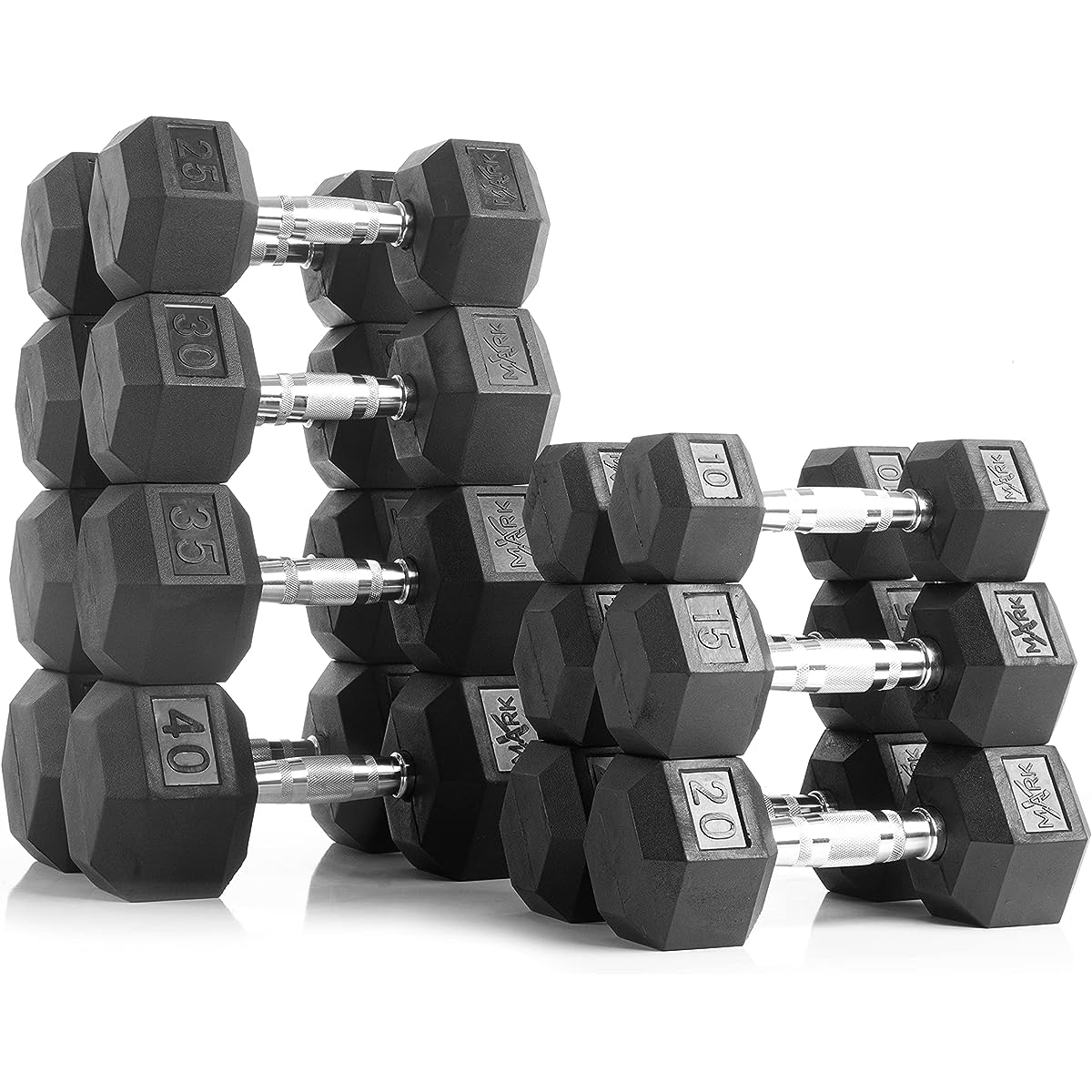 XMark 380 lb Hex Dumbbell Set and Heavy Dumbbell Rack