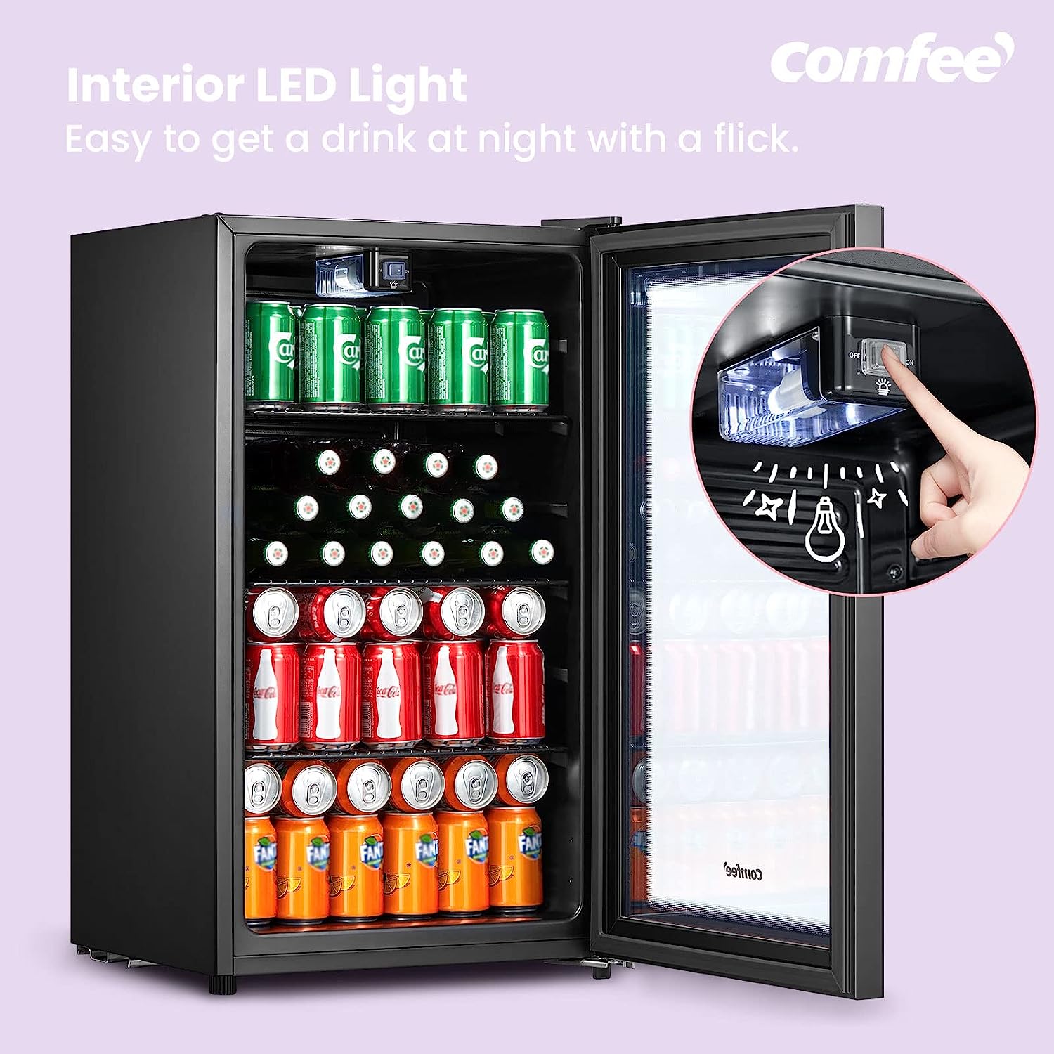 COMFEE' RCZ96BG1(E) Under Counter Beer Fridge, 93L Beverages & Drinks Fridge, LED Light, Removable Shelves, Economic Energy [Energy Class F]