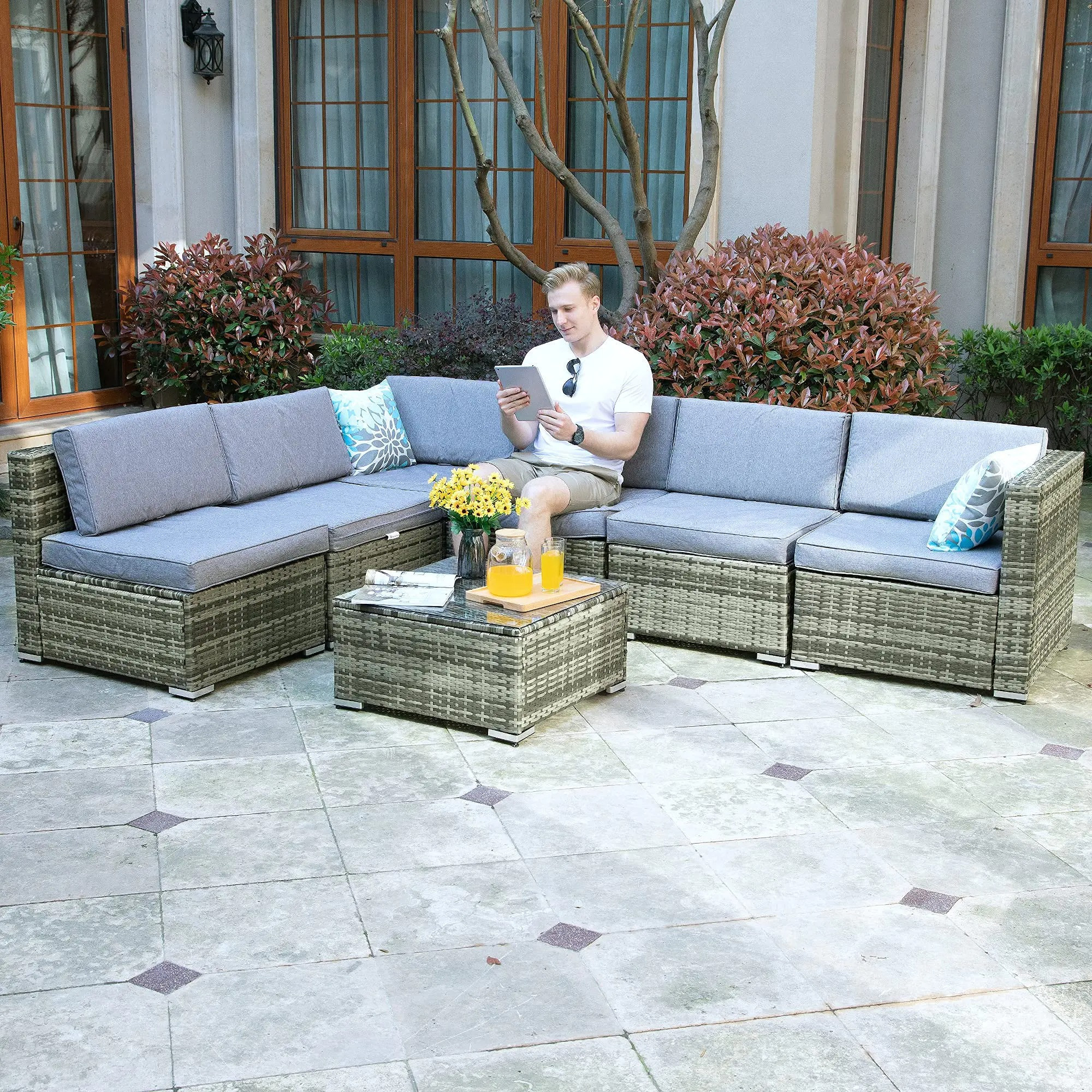 7 Piece Outdoor Patio Furniture Set, Garden Conversation Wicker Sofa Set, Patio Partition Furniture Sofa Set with Coffee Table and Cushions for Lawn, Backyard and Pool Side, Gray Gradient