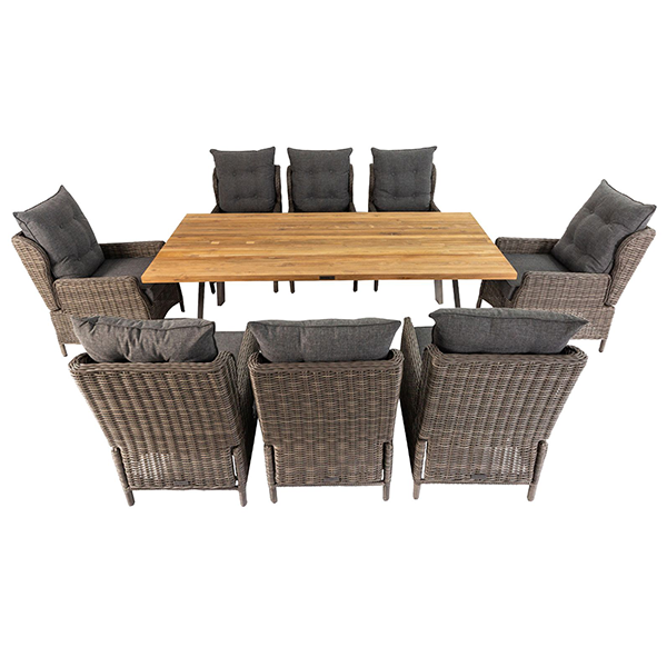 OUTFLEXX Esstischgarntur, Edelstahl/recyceltes FSC-Teak, Tisch 220x100cm, 8 Diningsessel, A-Gestell