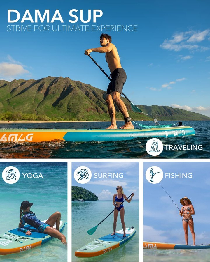 DAMA Inflatable Stand Up Paddle Board 11'*33'' *6'', Yoga Paddleboard, 11ft sup, Fishing Paddle Boards for Adults, Blow up sup, Standup sup w/Camera Seat, 4 pcs Floating Kayak Paddle, Board Carrier