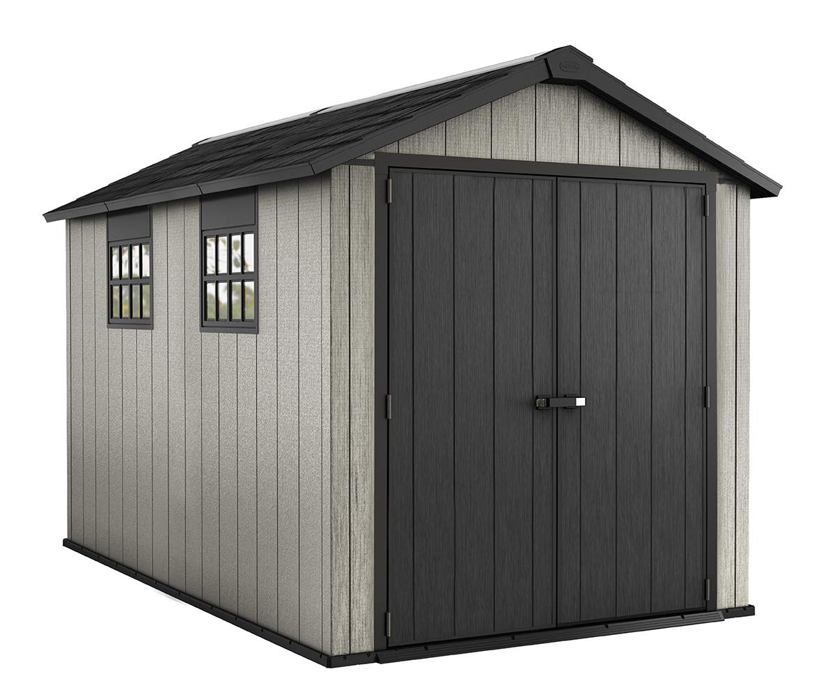 Keter Oakland 7.5x9/7.5x11 Foot Large Resin Outdoor Shed with Customizable Walls for Lawn Mower and Bike Storage, Grey