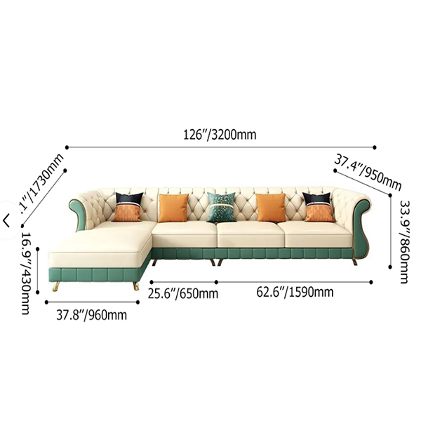 126′′ Beige & Green Faux Leather Sectional Sofa with Left Chaise