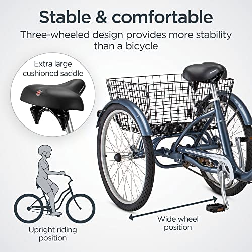 Schwinn Meridian Adult Tricycle, 24 or 26-Inch Wheel Options, Low Step-Through Aluminum Frame, Cargo Basket, Multiple Colors