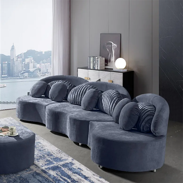 Modern 7-Seat Sofa Round Sectional Deep Gray Velvet Upholstered with Ottoman & Pillows
