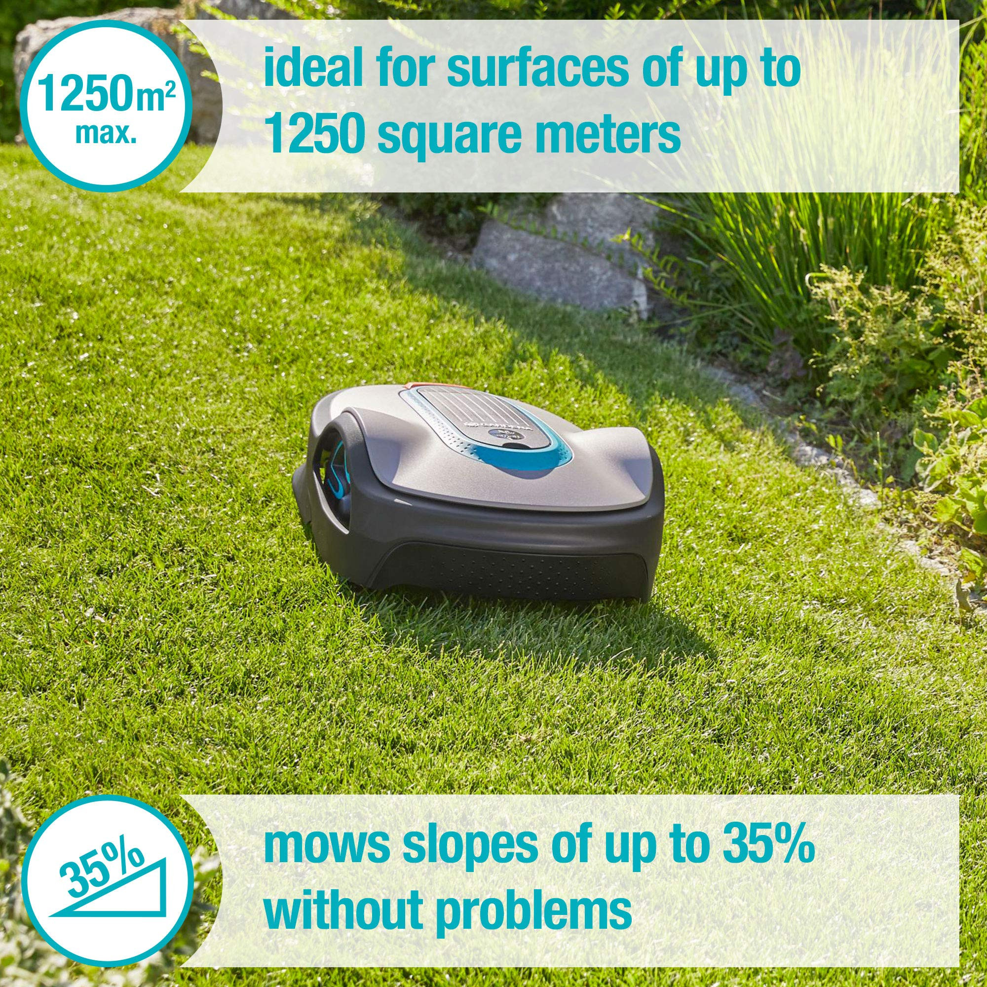 Gardena SILENO life: Robotic lawnmower for lawns up to 1250m², Bluetooth app available, Easy Passage function, with 57 db (A) very quiet, inclines up to 35%, mows in any weather, UK-version (15103-28)