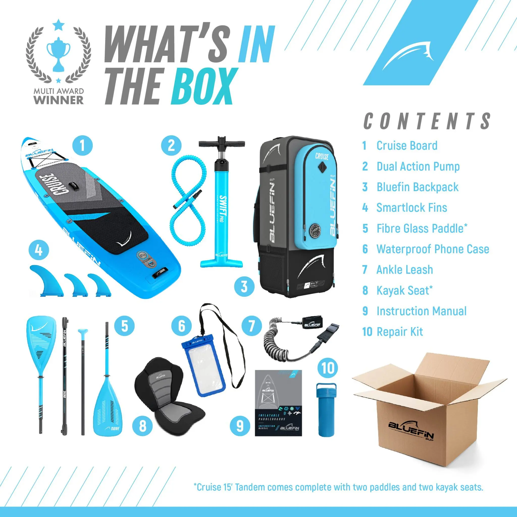 Bluefin SUP Inflatable Stand Up Paddle Board | 6” Thick | Kayak Conversion Kit | All Accessories | Multiple sizes: 10’8 | 12′ | 15′