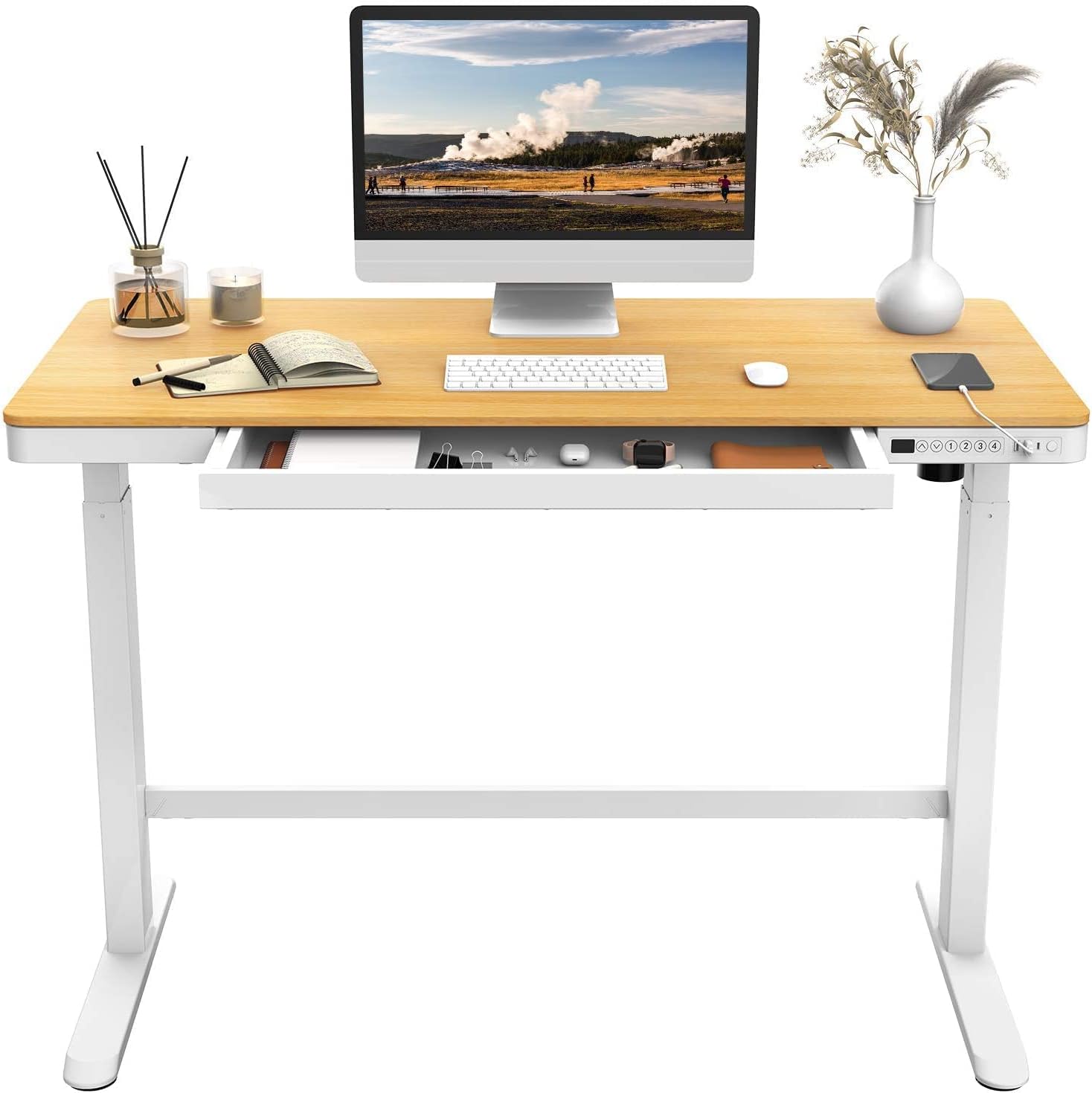 FLEXISPOT Comhar EW8M Electric Standing Desk, Home Office Electric Height Adjustable Sit-Stand Desk 120 * 60cm Maple Top with Drawer & Fast USB Chargers (White Frame+Maple Top)