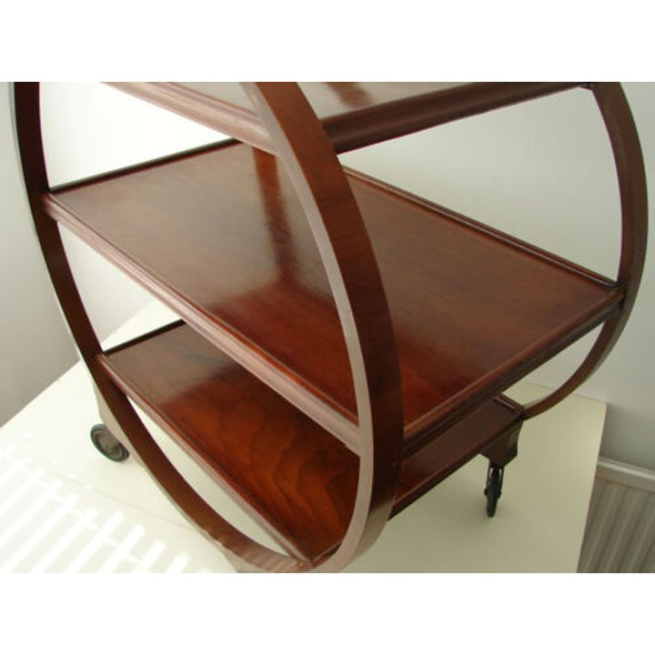 Vintage Art Deco round wooden mahogany tea drinks serving trolley 1930s 1940s