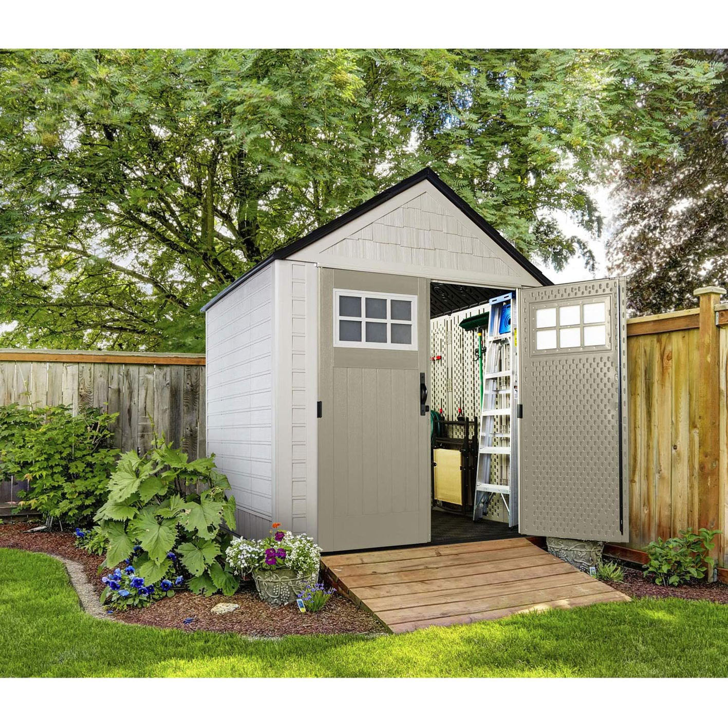 Rubbermaid 7 x 7 Feet Weather Resistant Resin Outdoor Storage Shed + 34 Inch Garden Tool & Sports Storage Rack for Sheds