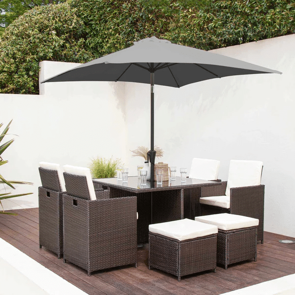 8 Seater Rattan Cube Outdoor Dining Set With Parasol - Grey Weave