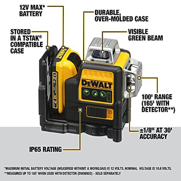 DW089LG 12V 3 x 360 Green Beam Battery with DW0881T Laser Tripod