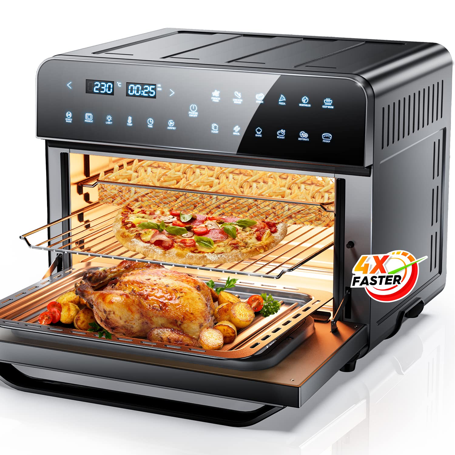 25L Convection Oven, Digital Countertop Convection Mini Oven,12 in 1 Multi-function Air Fryer Toaster Oven Combo, Electric Oven, Stainless Steel Pizza Oven, Roast, Bake & Dehydration, 1800W, Black