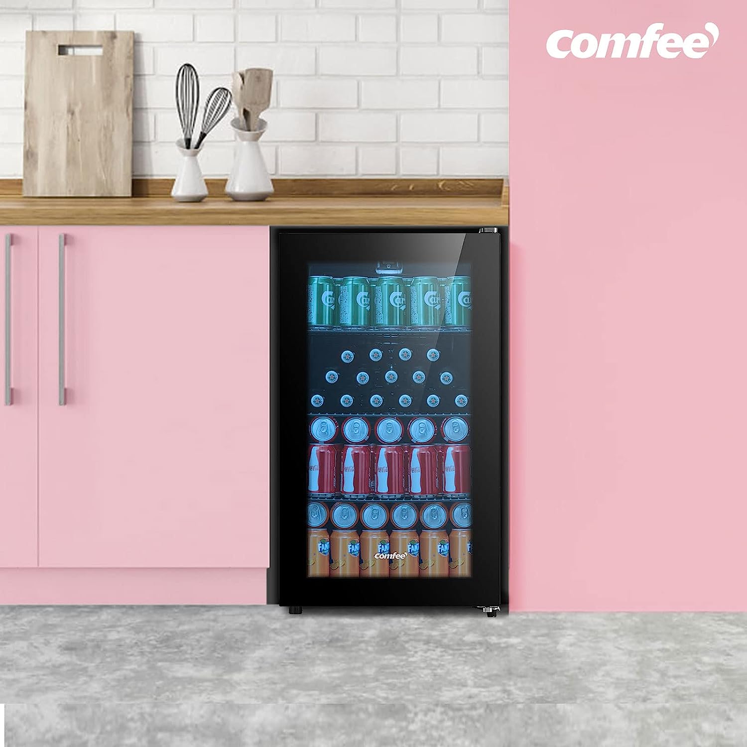 COMFEE' RCZ96BG1(E) Under Counter Beer Fridge, 93L Beverages & Drinks Fridge, LED Light, Removable Shelves, Economic Energy [Energy Class F]