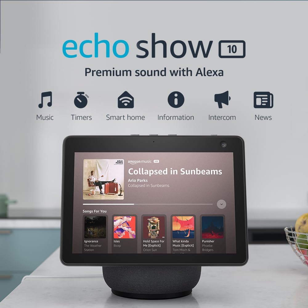 Echo Show 10 (3rd generation) | HD smart display with motion and Alexa, Charcoal Fabric