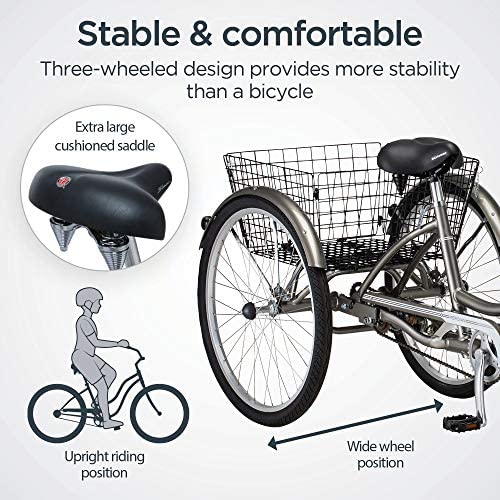 Schwinn Meridian Adult Tricycle, 24 or 26-Inch Wheel Options, Low Step-Through Aluminum Frame, Cargo Basket, Multiple Colors