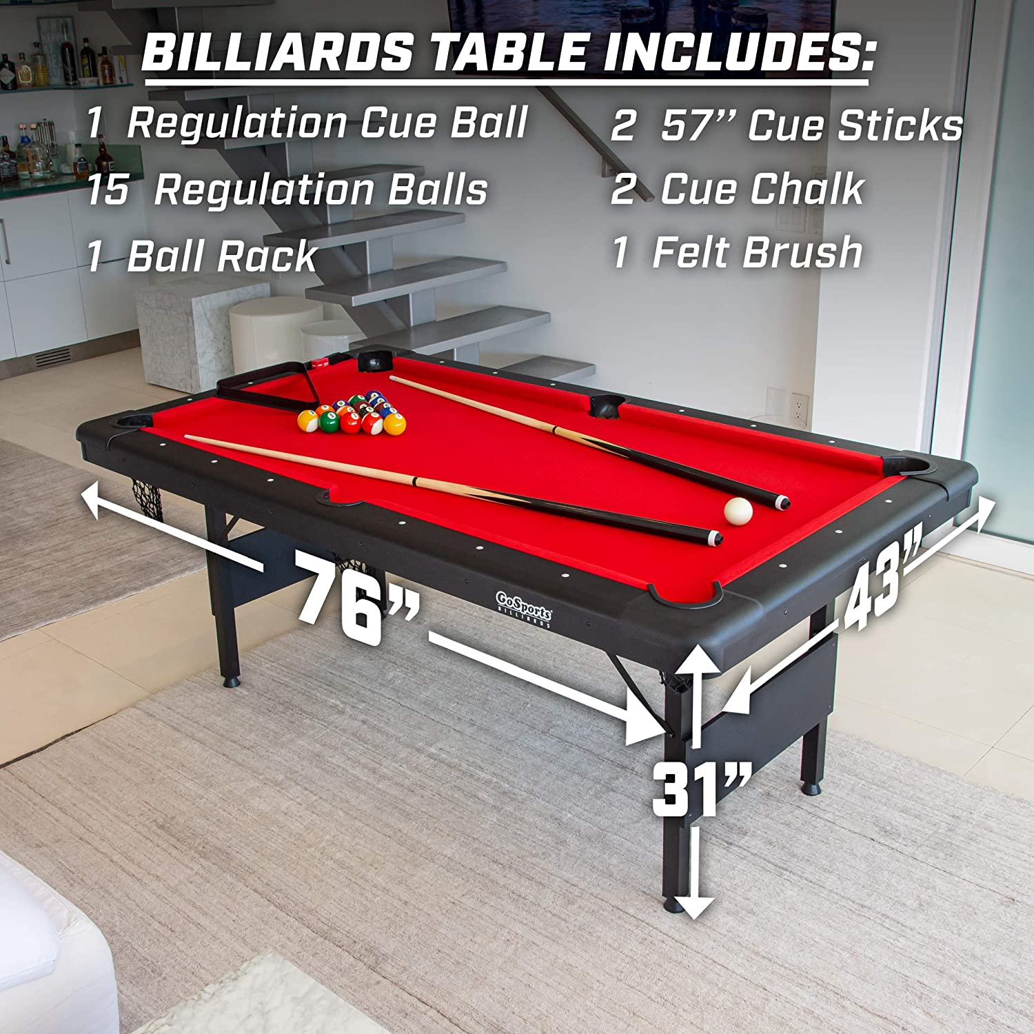 GoSports 6ft or 7ft Billiards Table – Portable Pool Table – Includes Full Set of Balls, 2 Cue Sticks, Chalk, and Felt Brush; Choose Your Size and Color
