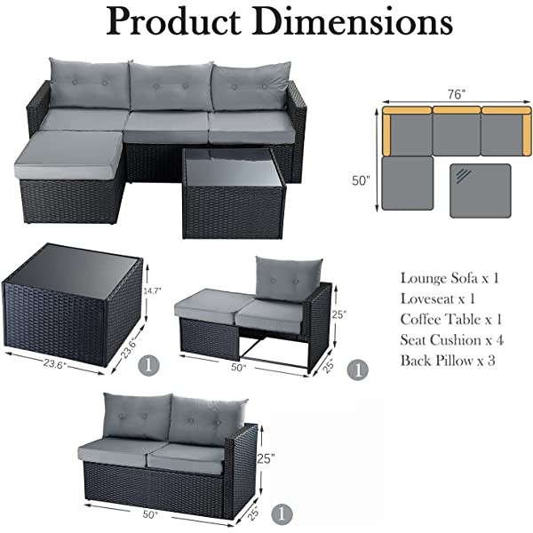 Allewie Dark Grey Patio Conversation Set, 3 Pieces PE Wicker Rattan Outdoor Furniture Set, Lounge Sofa and Loveseat with Cushions, Tempered Glass Coffee Table (Black & Dark Grey) Dark Grey & Black