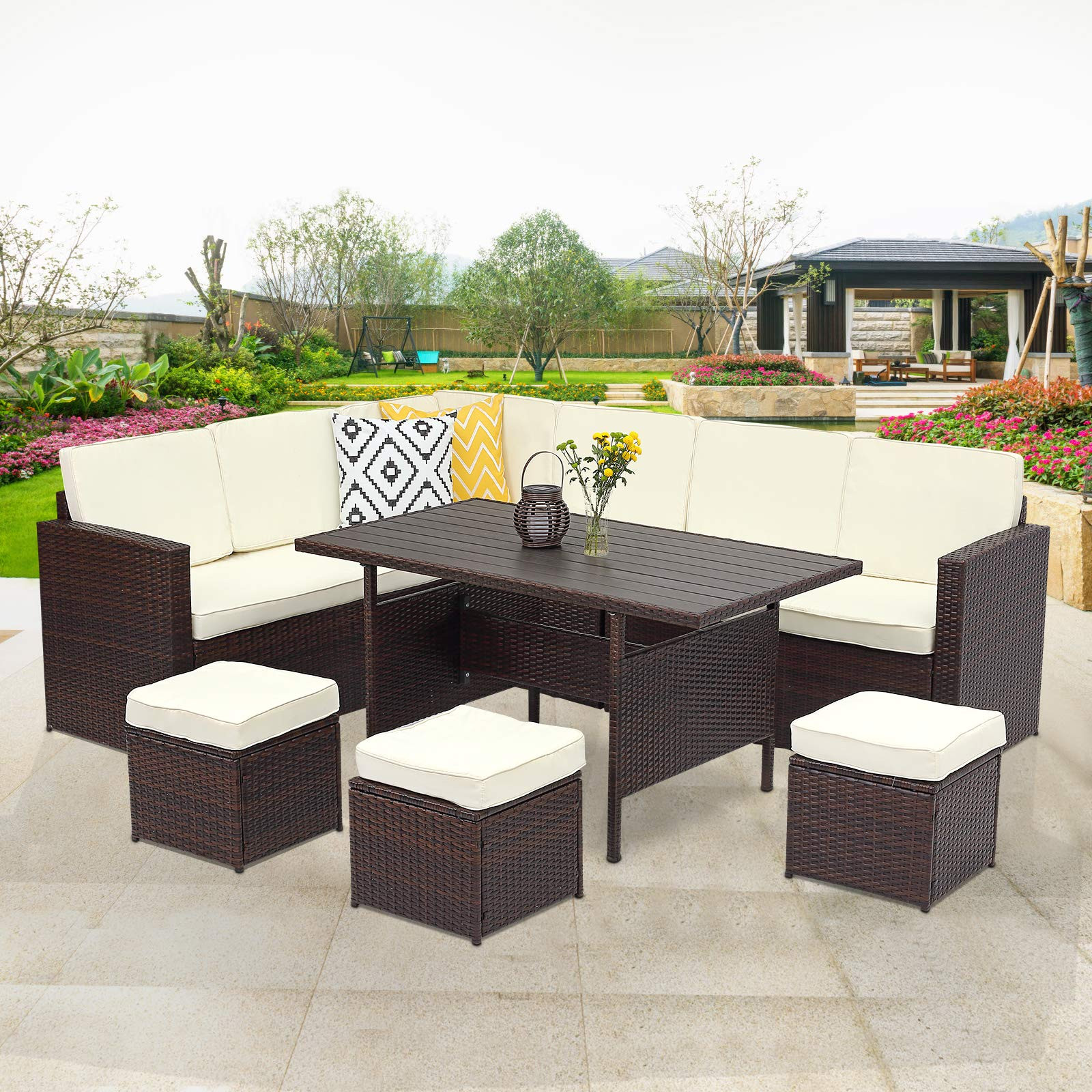 7 Piece Outdoor Dining Room Sectional Sofa with Dining Table and Chairs All Weather Deck Wicker Conversation Set with Cushion