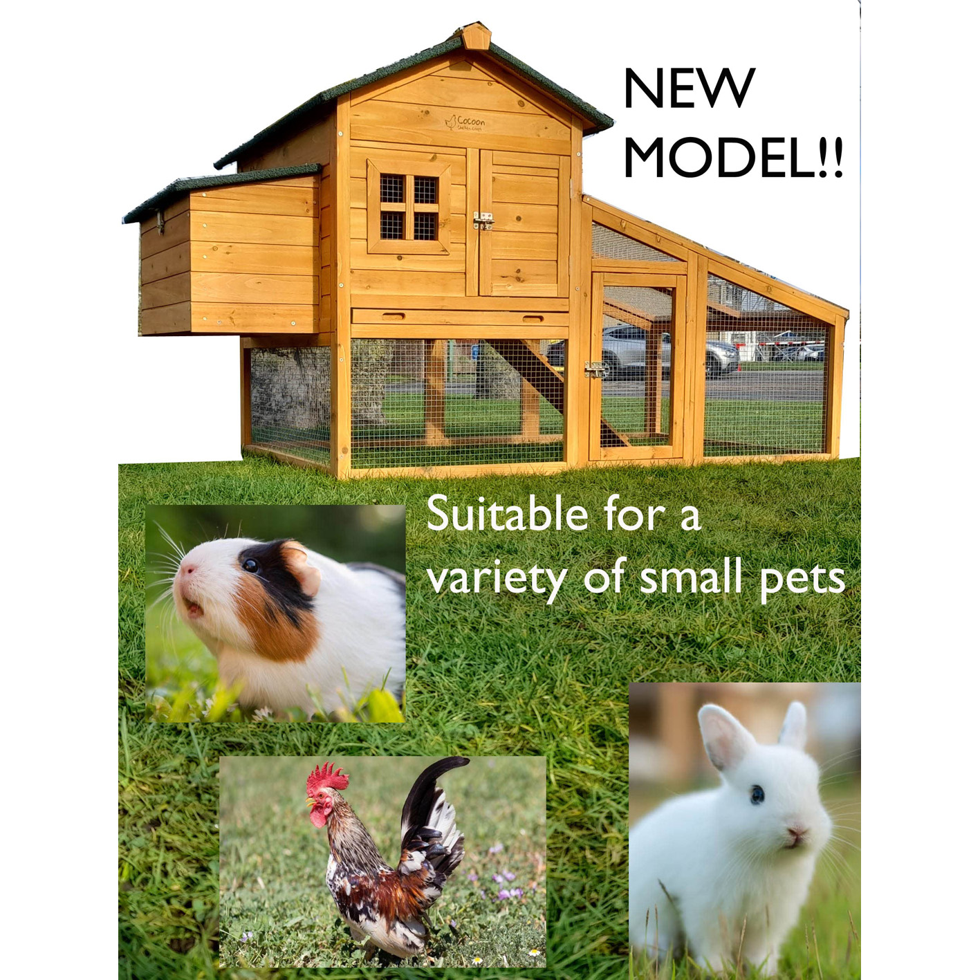Cocoon CC3190 CHICKEN COOP HEN HOUSE – WIDER THAN THE CC2190 - BEAUTIFUL NEW MODEL WITH INTEGRATED RUN & CLEANING TRAY