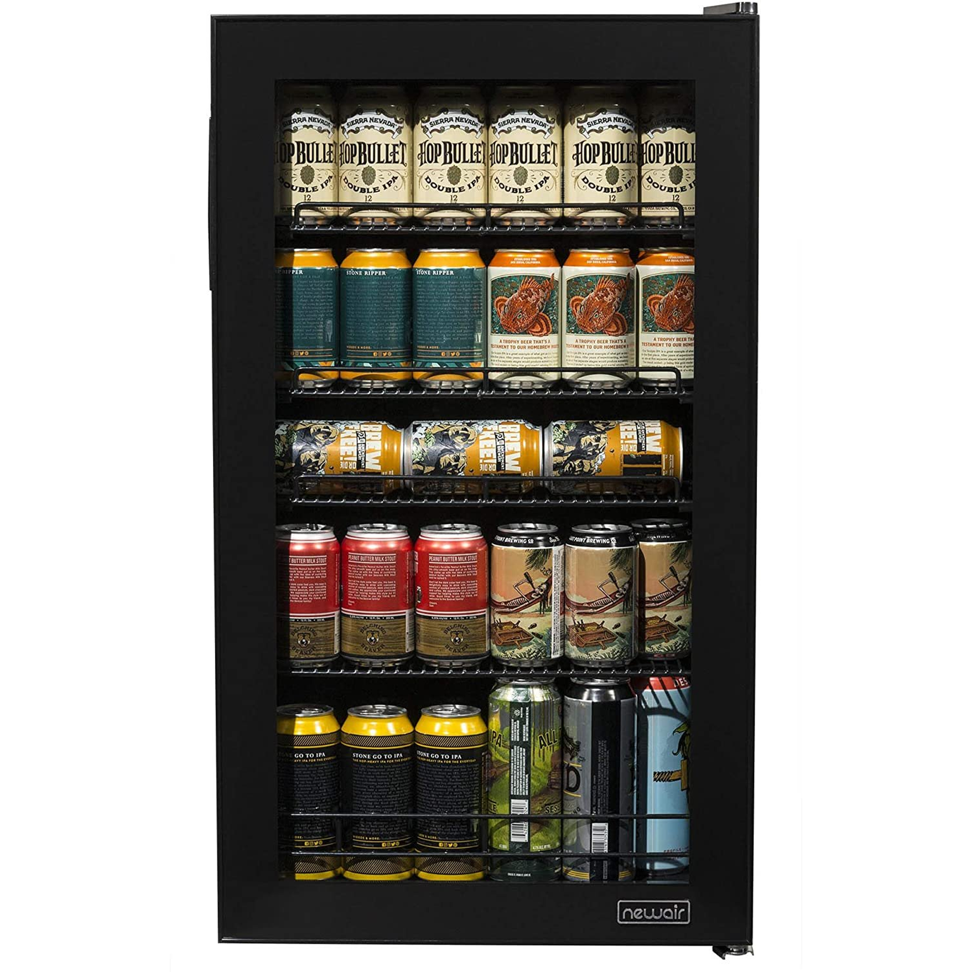 NewAir Limited Edition Beverage Refrigerator and Cooler “Beers of the World” with Glass Door, 126 Can Capacity Freestanding Mini Beer Fridge with SplitShelf™ and 7 Temperature Settings AB-1200BC1