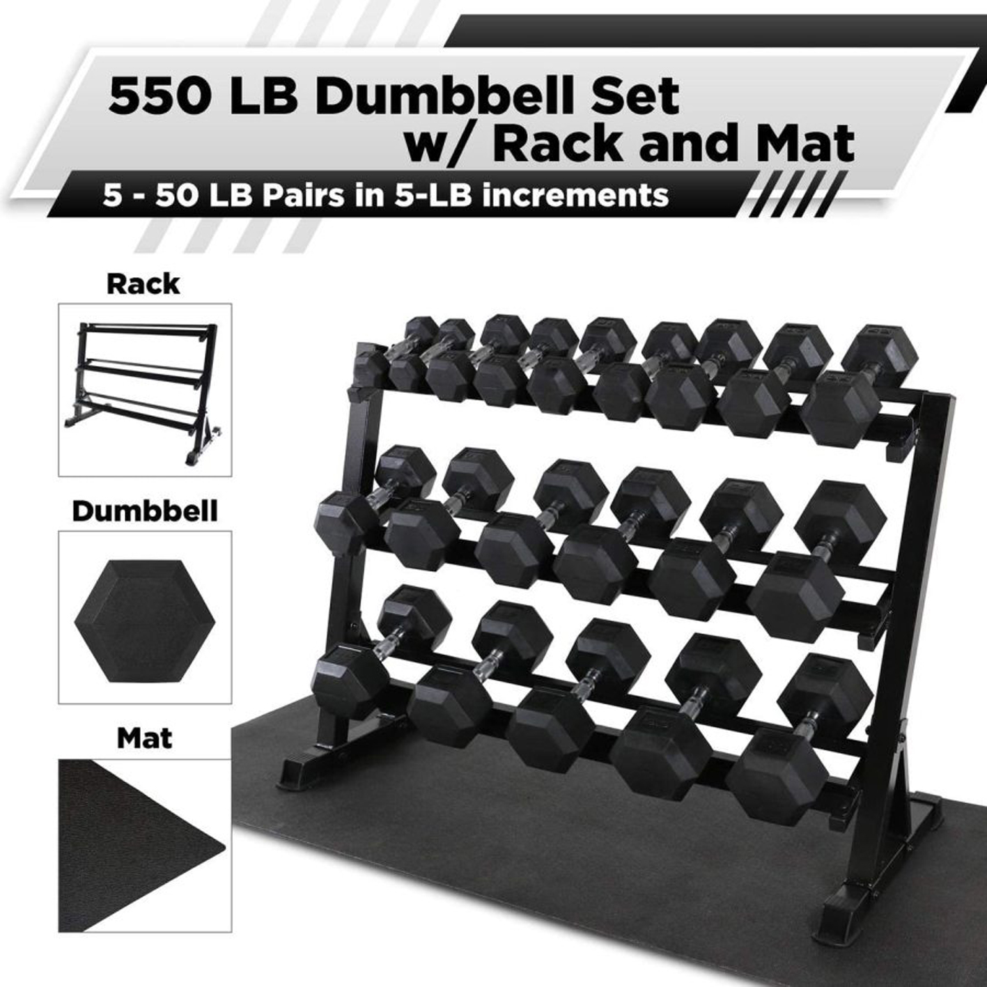 WF Athletic Supply Rubber Coated Hex Dumbbell Set with Dumbbell Rack