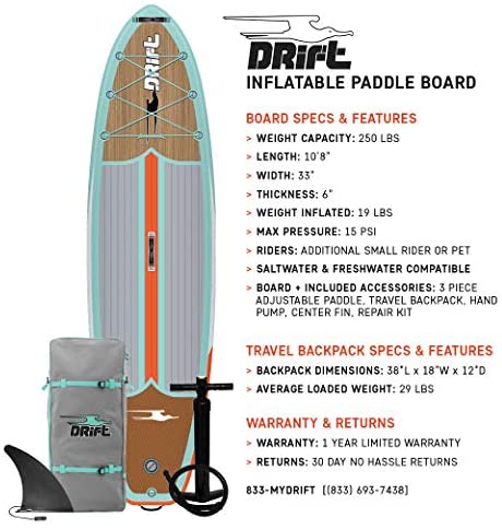 DRIFT Inflatable Stand Up Paddle Board, SUP with Paddle, Backpack Travel Bag, Pump, Fin, & Coiled Leash